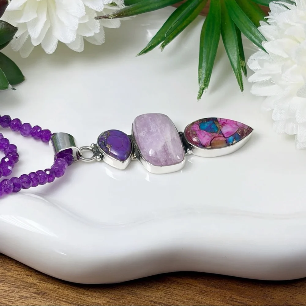 Purple Copper Turquoise Kyanite & Pink Dahlia Turquoise Pendant Southwest 925